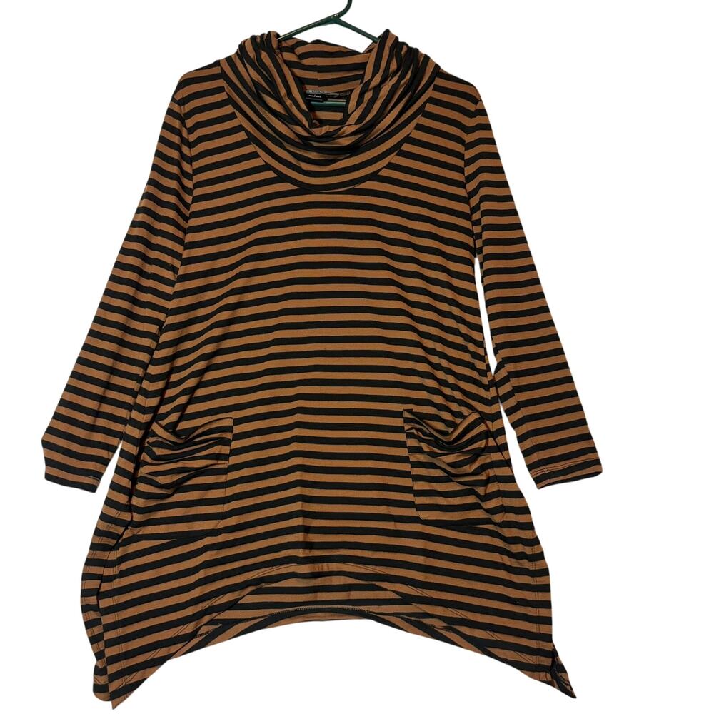 August Silk Asymmetrical  Cowl Striped Black Brown Tunic  Shirt Women's Sz Large
